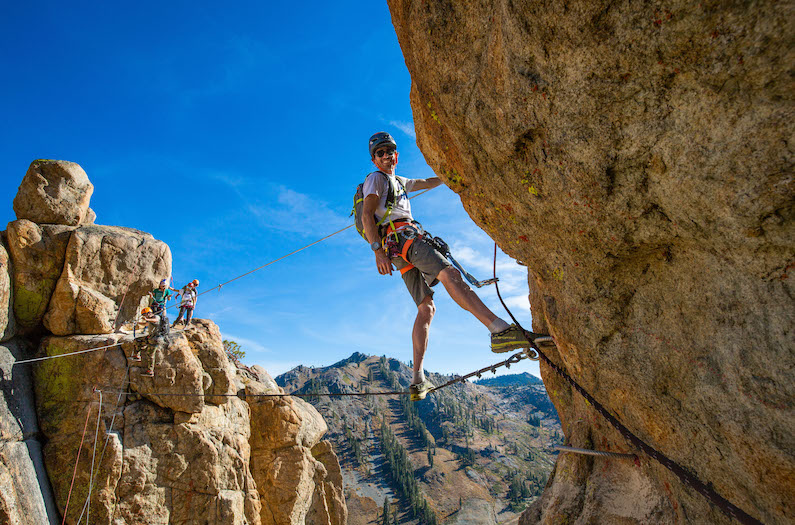 Adrian Ballinger at the monkey in the middle bridge on the Tahoe Via Ferrata