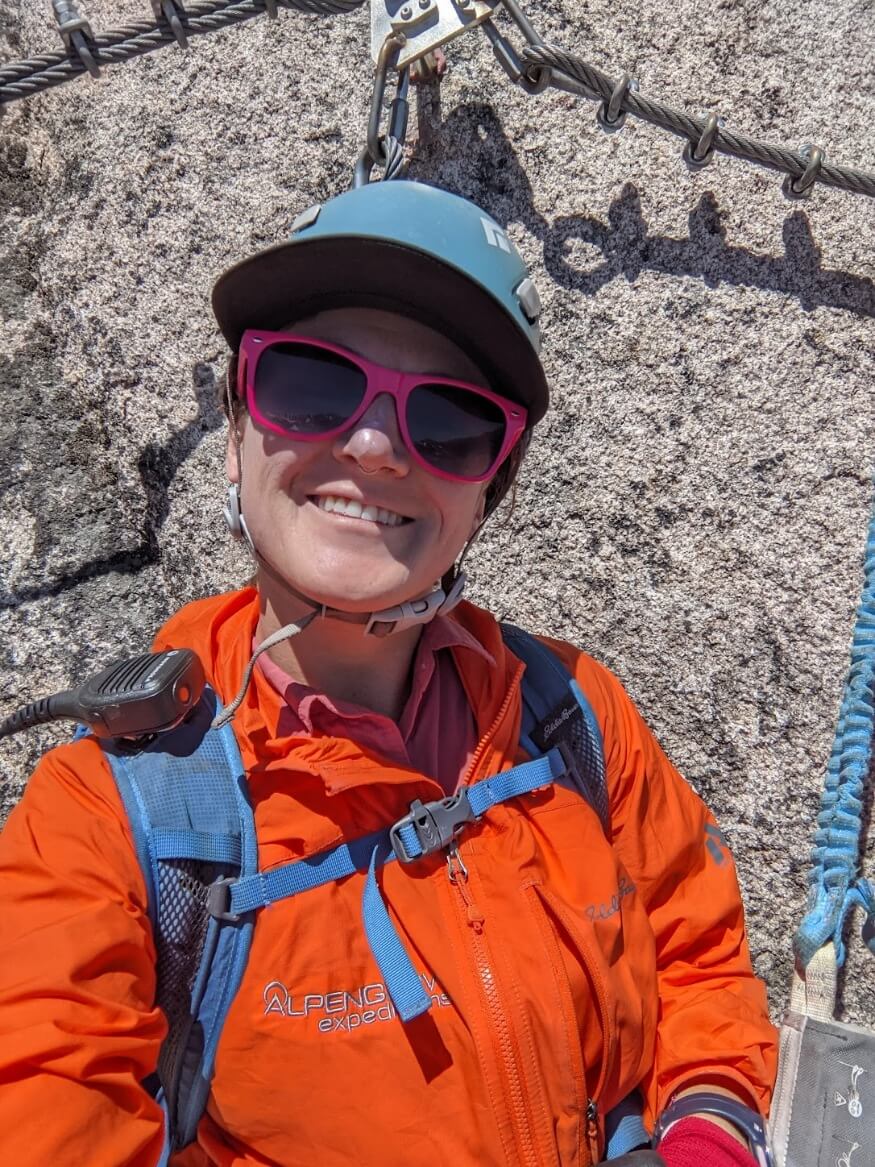 Alpenglow Expeditions' Tahoe Via Ferrata guide Kat Fulwider guiding the Via Ferrata.