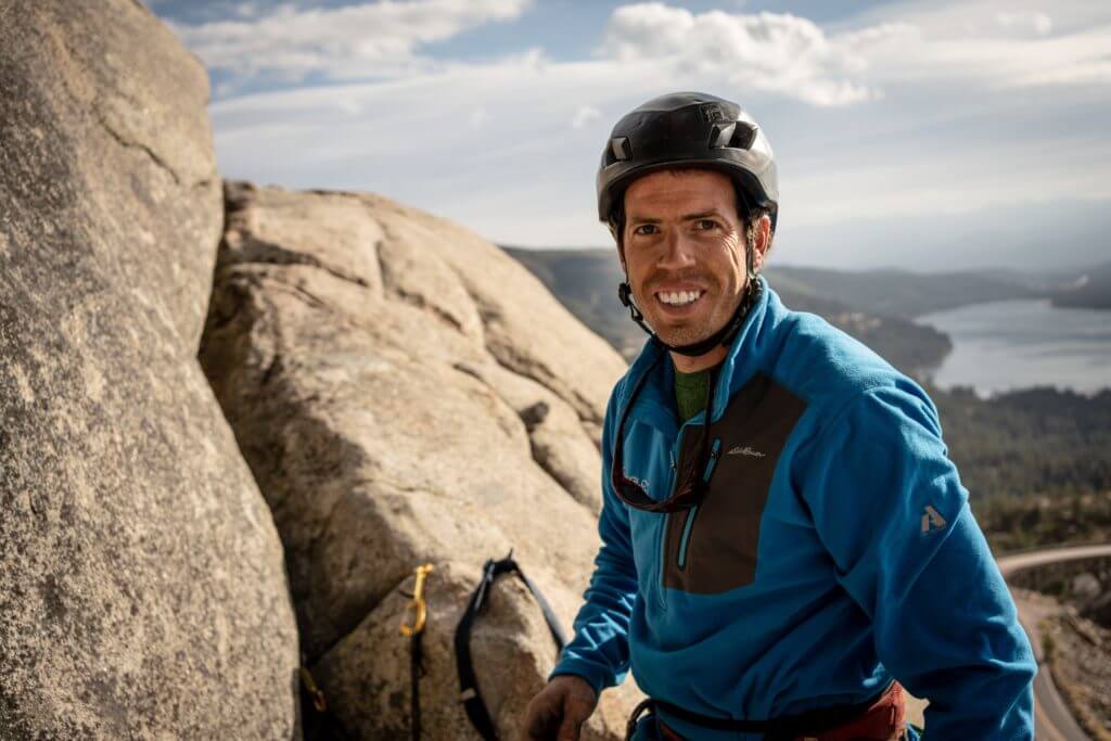 Braden Mayfield poses for a photo while climbing at Donner Summit